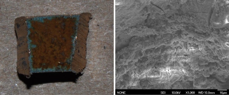 Brass Meter Specimen Scanning Electron Microscope Image Showing Scaling Credit: Dr. Gregory Korshin, University of Washington.